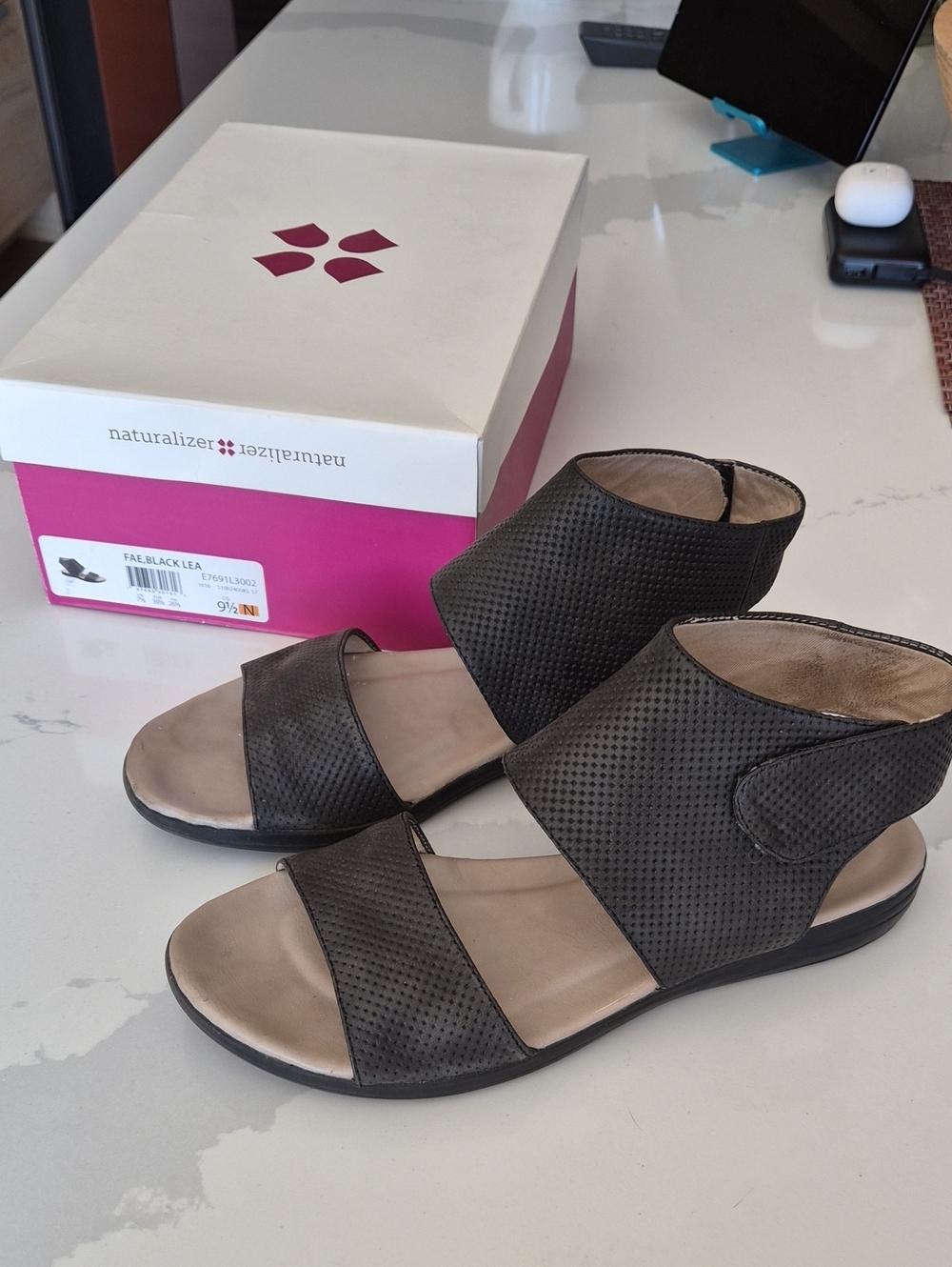 Naturalizer Black Perforated Leather Two-Strap Sandals